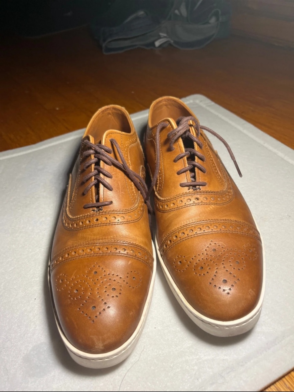 Men's Tan Wingtip Derby Shoes with White Sole